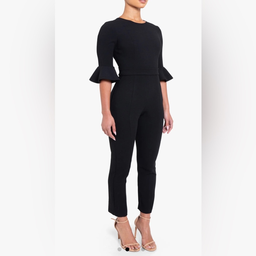 Black Halo Women’s Brooklyn Jumpsuit 3/4 Sleeve Ruffle Cuffs Black (Size 4)
